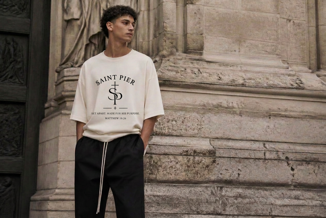Model wearing an oversized ivory Saint Pier tee before a cathedral façade