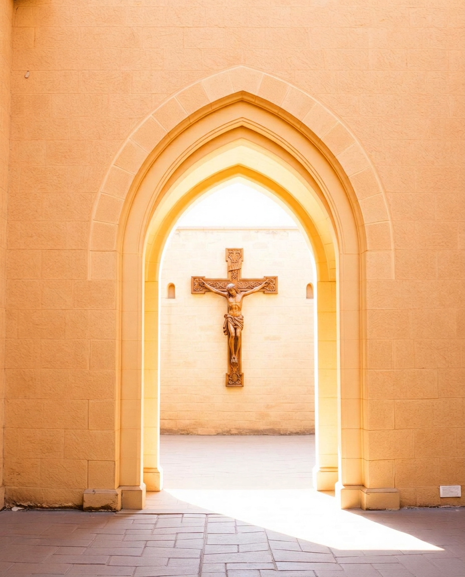 Sunlit stone archway of a chapel